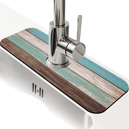 Kitchen Sink Splash Guard，Vintage wooden planks Faucet Mat Sink Gadgets-Super Absorbent Fast Drying Mat Drip Catcher for Kitchen, Bathroom,Sink Mat, Dish Drying Mat, Bathroom(15" X 5.5" )