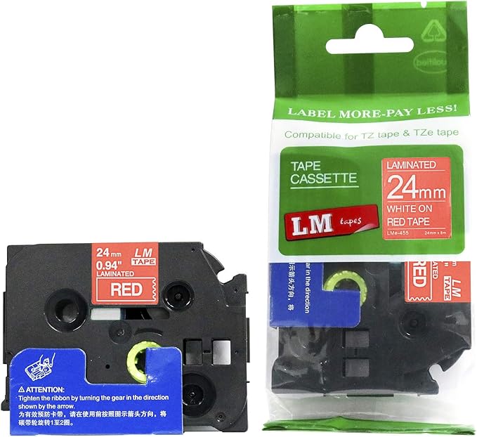 6/Pack LM Tapes - LMe-455 Premium 1" White Print on Red Label Compatible with Brother TZe-455 P-Touch and Includes Tape Color/Size Guide. Replaces TZ455 24mm 0.94 Laminated