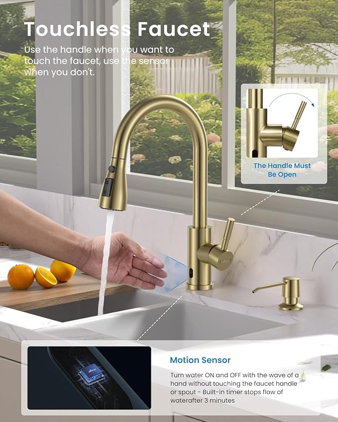 APPASO Touchless Kitchen Faucet Gold, Touchless Kitchen Faucet with Soap Dispenser, Pull-Down Sprayer, Single Handle Stainless Steel, Hands Free for 1-4 Hole Sink, Brushed Gold, Easy Installation