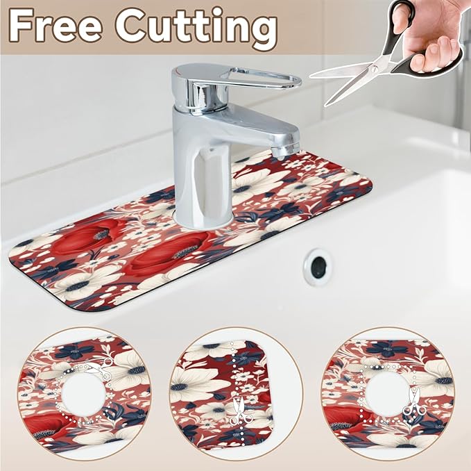 Red White Floral Bliss Kitchen Faucet Mat Splash Guard, 15.4”x5.7” Absorbent Quick Drying Sink Mat for Countertop Protection, Draining Mat Sink Protectors For Kitchen Bathroom, 1 Pack