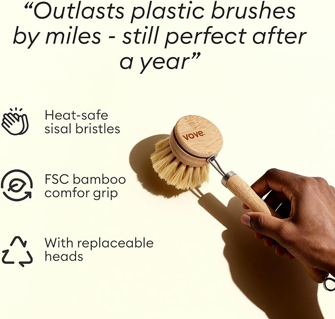 Vove Dish Brush Bundle - FSC-Certified Bamboo Dish Brush & Scrub Brush, 3 Replacement Heads - Natural Fiber Bristles - Non-Toxic, Plastic-Free Kitchen Set