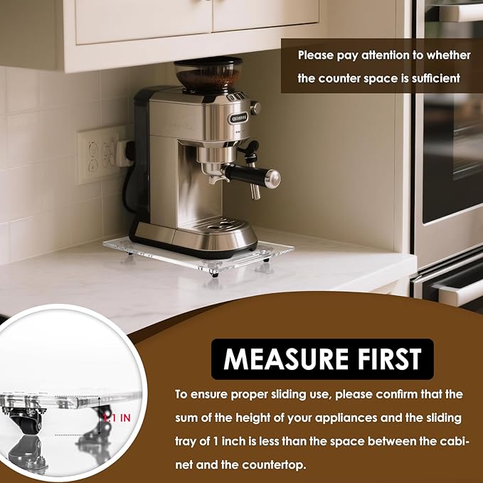 BEZONO 360° Sliding Tray for Coffee Maker & Kitchen Appliances - Silent Rubber Wheels, Clear Acrylic Organizer Tray for Under Cabinet - Space Saving Countertop Accessory, 13x14 Inch (Clear)