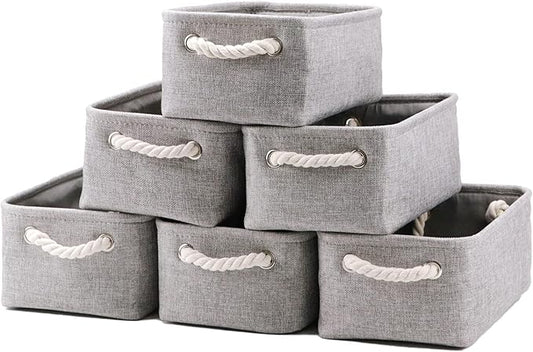 HNZIGE Small Baskets for Shelves(6pack) Fabric Storage Baskets, Empty Gift Baskets with Rope Handles, Decorative Foldable Storage Baskets for Organizing Home Closet Office (Gray, 11.8" x 7.8" x 5.1")