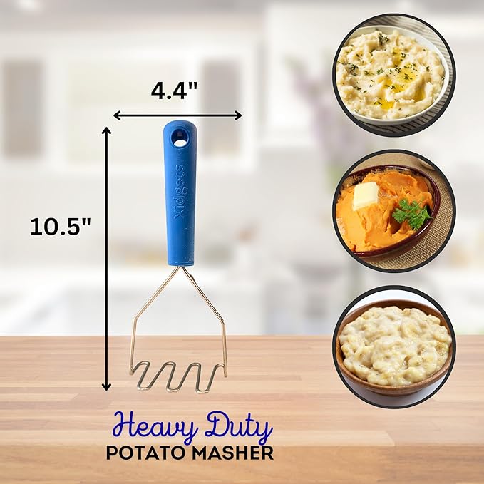 2pc Box Set - Stainless Steel Meat Masher & Large Potato Masher with Soft Grip Handle – Heavy Duty Handle & Mashing Head for Ground Beef, Meat, and More – Dishwasher Safe (Lagoon Blue/Lagoon Blue)