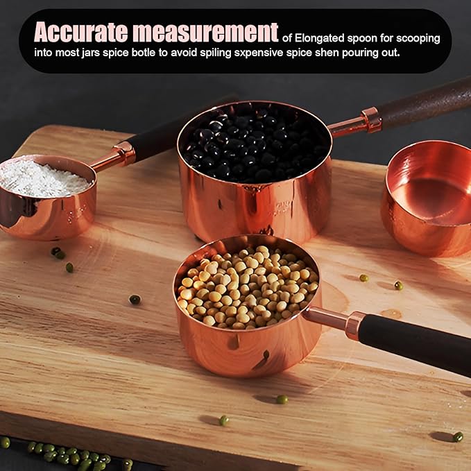 SHIKORI Gold Measuring Cups and Spoons Set with Wood Handles, Premium Stainless Steel Measuring Spoons and Measuring Cups Set-Rose Gold