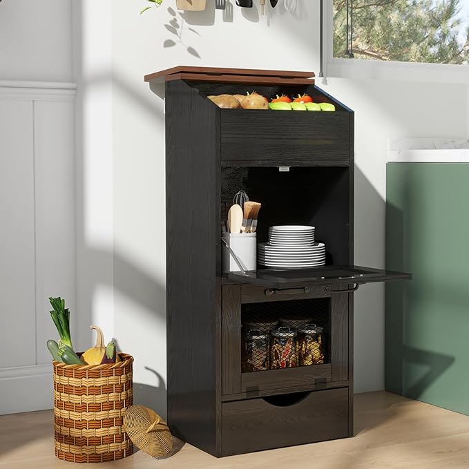 Patiorama Wood Potato and Onion Storage Bin Box with Lid, 4-Tier Farmhouse Wooden Bread Box Cabinet with 2 Mesh Doors & Rolling Drawer, Large Vegetable Storage Bin Organizer for Kitchen Pantry Black