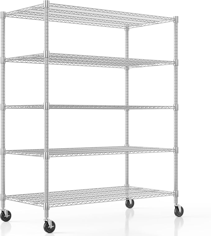 Homdox 5 Tier Heavy Duty Metal Shelves, Storage Racks and Shelving with Wheels, Commercial Adjustable Wire Shelving Unit, Garage Rack Pantry Shelves Kitchen Shelving, Chrome