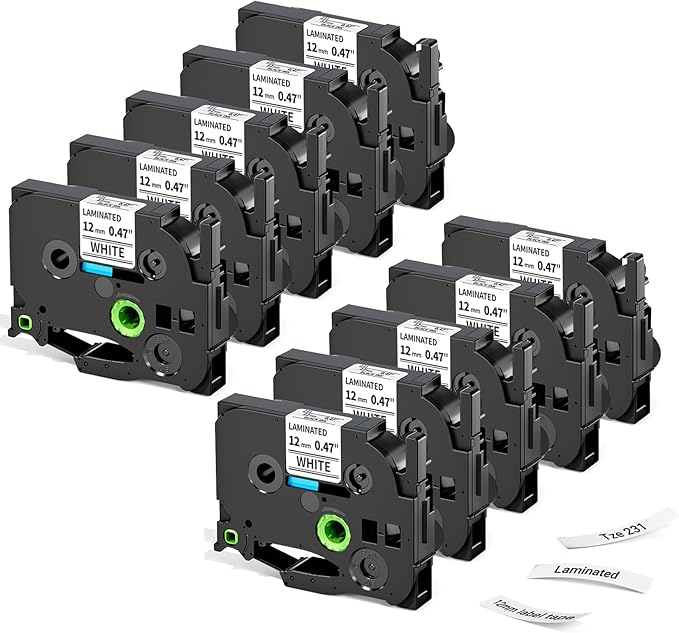 Label KINGDOM Aze-231 Refill Compatible with Brothr p Touch tze laminatied Label Maker Tape 12mm 1/2"(0.47") for ptouch Printer PTD210 PTD220 PTH110, 10 Pack