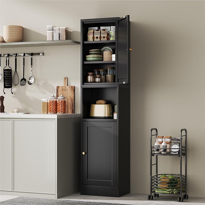 YAUWOH 2-Door Metal Storage Cabinet, Tall Slim Pantry Organizer with 3 Adjustable Shelves (120LBS/Shelf), Anti-Tipping Waterproof Cabinet for Bathroom/Kitchen/Home Office/Small Spaces, (1PC,Black)