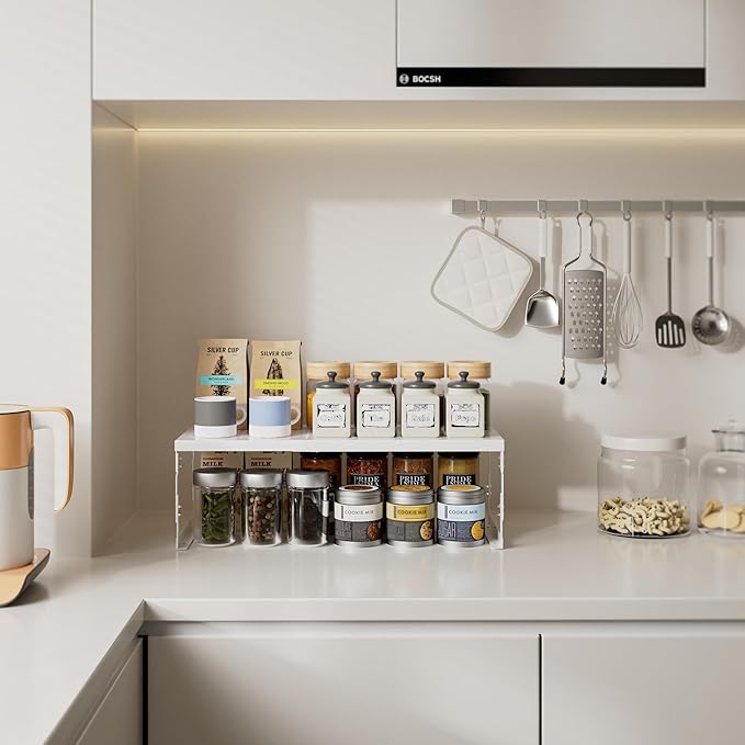 Asiingkel Stackable Expandable Metal Shelf Organizer - Adjustable Wire Storage Rack with Holes for Kitchen, Bathroom, Cabinet, Office - Space Saving, Durable & Sturdy Design（3PACKS/Medium/White