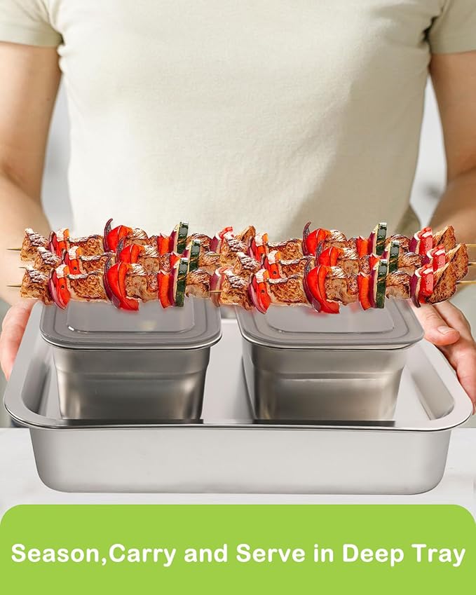 Grill Prep Trays Set Of 5,BBQ Tray,Grilling Prep And Serve Trays,Stainless Steel Food Prep Tray,Grill Carry System,Marinade Container with Lid and Cutting Board,BBQ Grill Accessories,Grilling Gifts