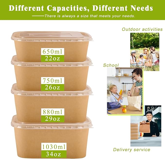 50-Pack 22oz Kraft Paper Bowls Disposable with Lids and Wooden Forks, Disposable Meal Prep Containers Paper Food Prep Containers with Lids, To Go Container for Hot Soup/Salad, Freezer & Microwave Safe