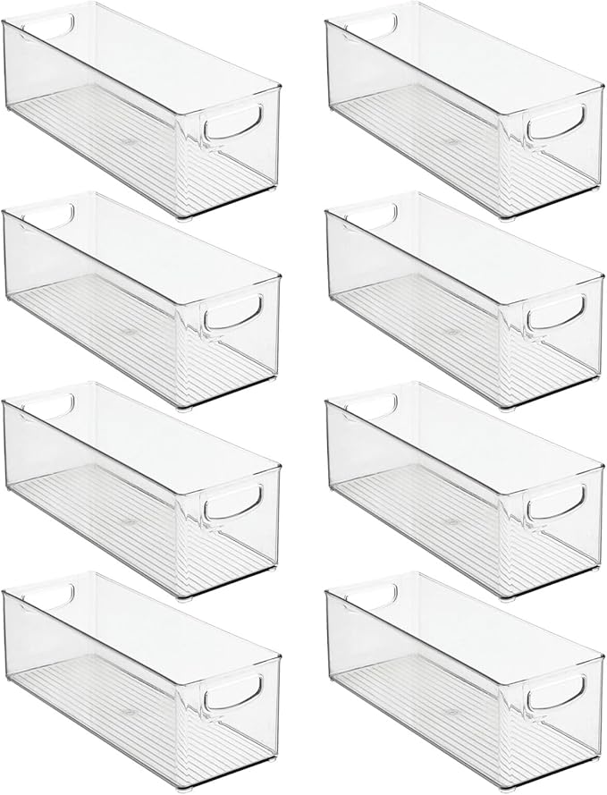 mDesign Plastic Stackable Kitchen Organizer - Storage Bin with Handles for Refrigerator, Freezer, Cabinet, and Pantry Shelves Organization - Food Container - Ligne Collection - 8 Pack - Clear
