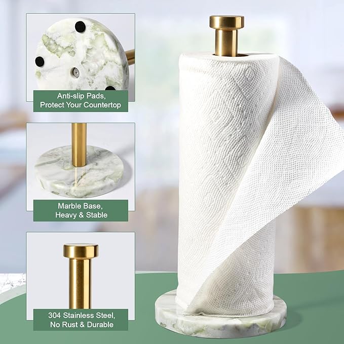Koville Genuine Marble Paper Towel Holder Countertop, 6" Stone Base Gold Rod Paper Towel Holder Stand for Kitchen Storage, for Standard or Jumbo-Sized Rolls