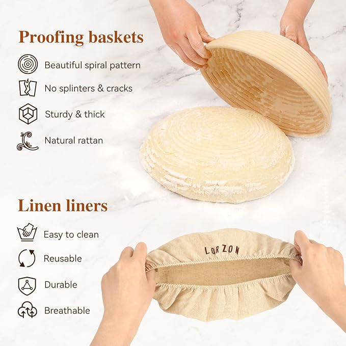 Lorzon Banneton Bread Proofing Baskets Set of 2, 11" Round & 12" Oval Sourdough Proofing Baskets with Sourdough Bread Baking Supplies, Bread Making Kit