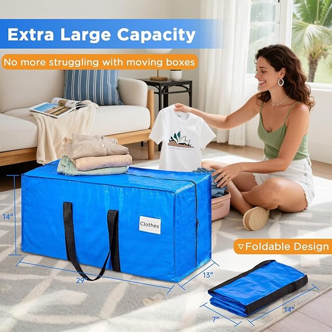 BETU Extra Large Moving Bags Heavy Duty Storage Bags with Zipper Handles, 2 Pack Clothes Storage Totes Bins Packing Moving Boxes, Moving Supplies for College Dorm Essentials, Space Saving, Blue