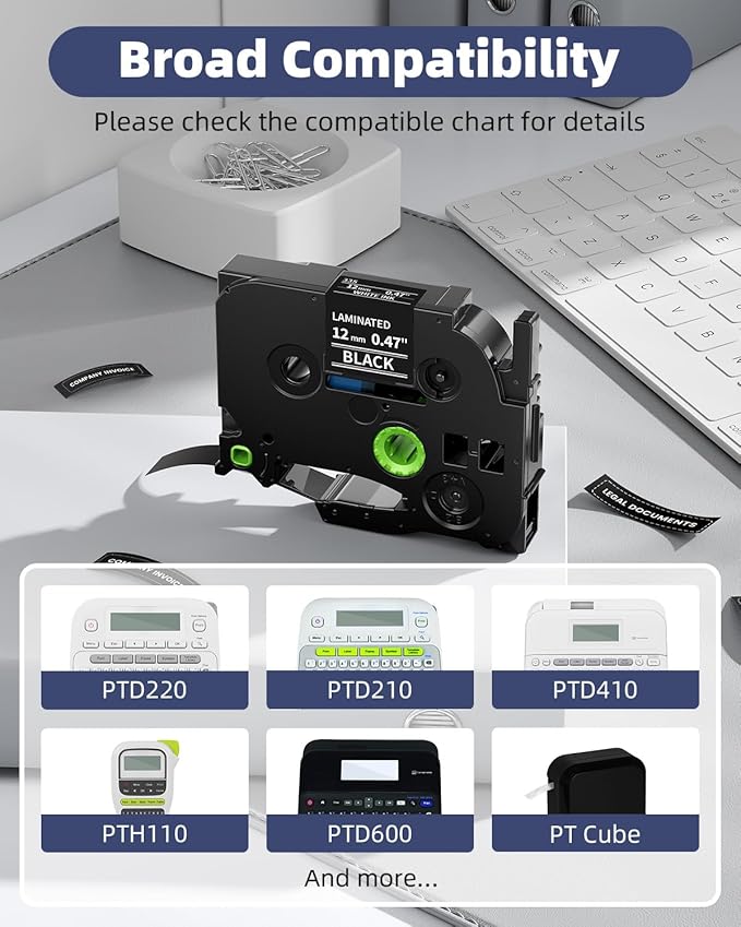TZe-335 White on Black Tape 12mm Compatible with Brother Ptouch Label Maker Tape Laminated 12mm 0.47 Black, for PT-1090 1190 1230 1280 1290 1750 1800 1830 1880 1890 2040 Refills, (12 mm x 8m), 4 Pack