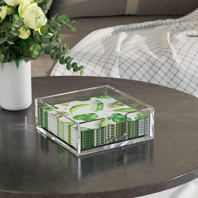HIIMIEI Acrylic Napkin Holder for Table: Square Luncheon Napkin Tray, Flat Decorative Guest Towel Holder for Bathroom, Kitchen, Bar, Dinner, Party, 7.6 x 7.6 inches（Clear)