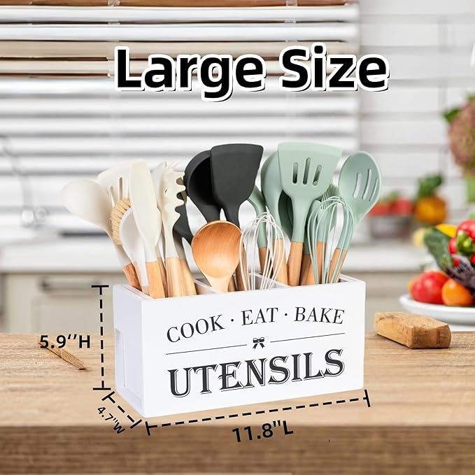 LIBODOUR Utensil Holder,Large Wooden Utensil Holder For Kitchen Counter,Cooking Spatula Organizer,Big Storage Caddy With 3 Compartments Flatware Spoon Tool Cutlery(White)