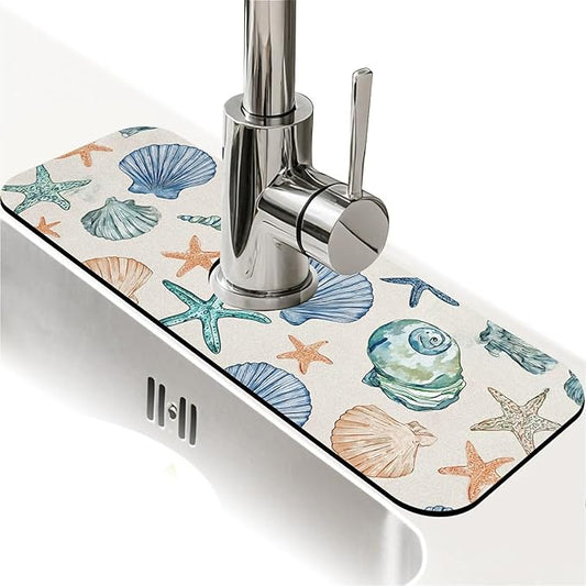 Kitchen Sink Splash Guard，Watercolor seashell and starfish Faucet Mat Sink Gadgets-Super Absorbent Fast Drying Mat Drip Catcher for Kitchen, Bathroom,Sink Mat, Dish Drying Mat, Bathroom(15" X 5.5" )