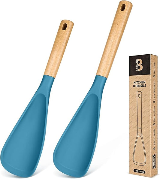Multifunction Spoon for Nonstick Cookwares, Great for Cooking and Serving, Sturdy BPA-Free Matte Silicone, Wood Handle spoonula for Mixing, Scoop, and Scrape, Turquoise(2 pack,11.4" & 13.4")