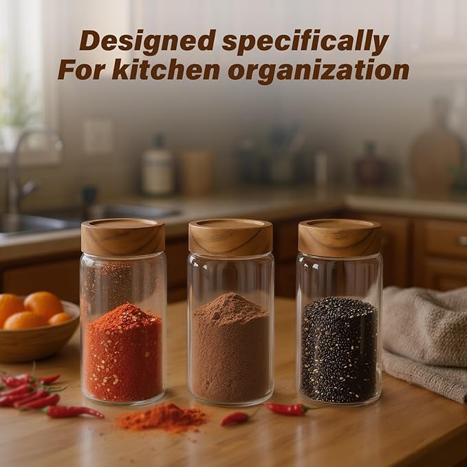 6 -Piece 13 oz Food-Grade Glass Mason Jars with Acacia Wood Lids, Sealable Waterproof, Transparent Easily Stackable for Overnight Oats, Spice Storage & Snack Organizing