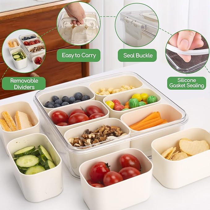 SMALL Divided Serving Tray with Lid and Handle, Portable Snack Box Container, 6 Compartments Veggie Fruit Snackle Tray, Charcuterie Platter Container for Party, Nuts, Snacks, Picnic,2 Pack, SMALL SIZE