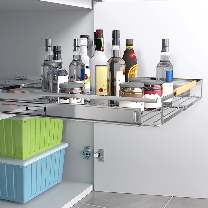 SUZLON Expandable Pull Out Cabinet Organizer,12.2~17.9" W x 22.5" D Heavy Duty Slide Out Shelves Adjustable Height Cabinet Pull Out Shelves,Expandable Width Spice Rack Organizer for Kitchen Cabinet