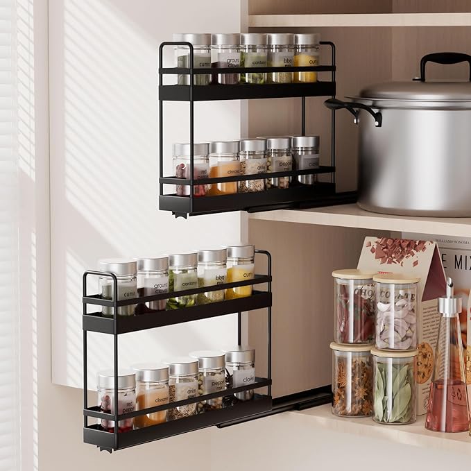 Finnhomy Pull Out Spice Racks for Inside Cabinets, Whole Metal Manufacturing, Vertical Spice Rack Pull Out, Spice Organizer, 2.16" W × 10.39" D × 9.76" H, 2 Drawers & 2 Tiers, 2 Pack, Black