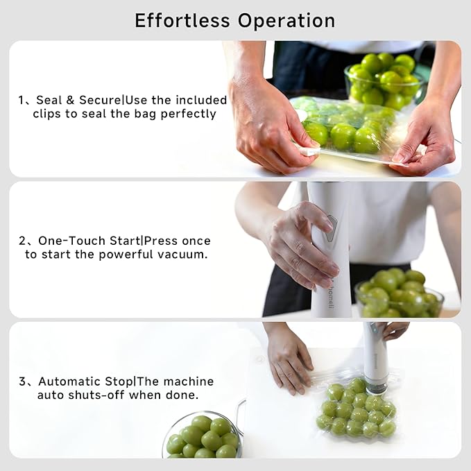 Compact Vacuum Sealer for Food (Vacuum Sealer Machine + 10 Reusable Vacuum Bags), Powerful Handheld Vacuum Sealer Machine, Seal Food 6X Fresh Longer, Portable & Wireless, Easy-Clean