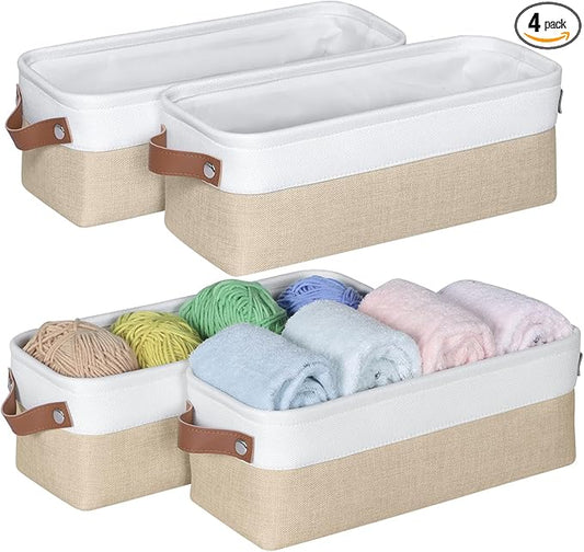 Kntiwiwo Small Fabric Storage Bins, 15x6x5 inch Narrow Storage Baskets 4-Pack Long Storage Basket for Organizing with Handles, Decorative Basket for Closets, Shelves, Toilet Paper, Beige