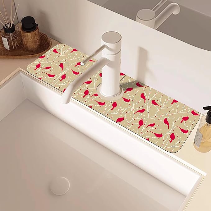 Christmas Cardinal Birds Kitchen Sink Splash Guard Mat Absorbent Fast Drying Mat Faucet Draining Mat Sink Splash Guard Behind Faucet Drip Catcher for Kitchen Bathroom 5.5"×15"