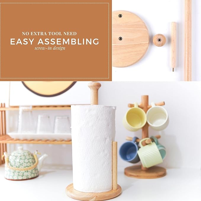 E-ROOM TREND Wooden Paper Towel Holder Countertop, Paper Towel Holder Stand Natural Wood Dia 7" Large Round Base Roll Organizer for Kitchen Bathroom Dining Table Home (ZJ281Y)
