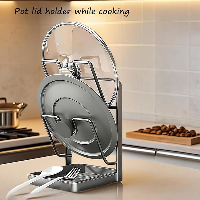 Kitchen Pot Lid Storage Rack, Stainless Steel Pot Lid Holder While Cooking for Countertop, Multifunctional Pots Lids Organizer Rack with Removable Drip Tray for Spatulas, Ladles & Large Lids (Gray2)