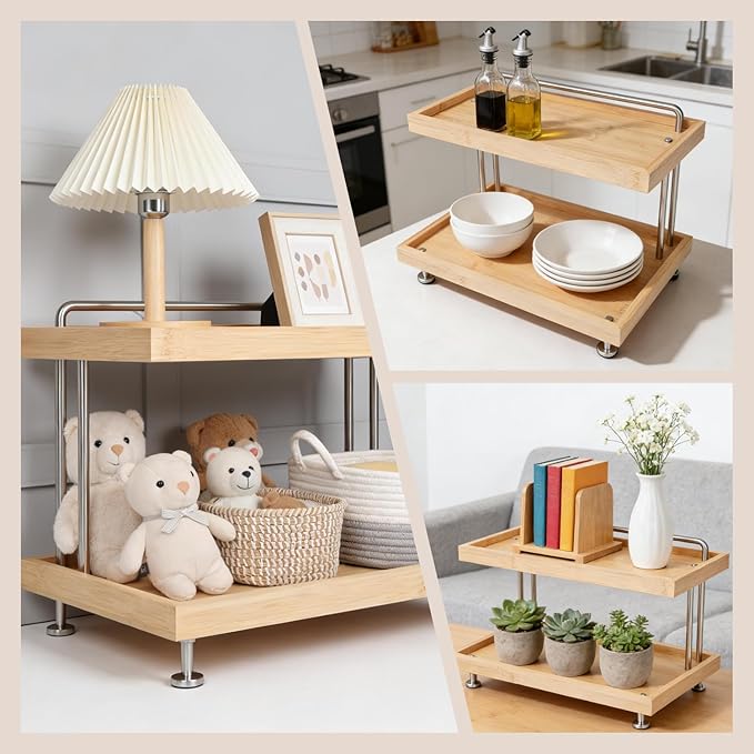 HYNAWIN Bamboo Two-Tier Storage Rack，Tabletop Storage Organizer for Kitchen, Bathroom, Office, and Home Use