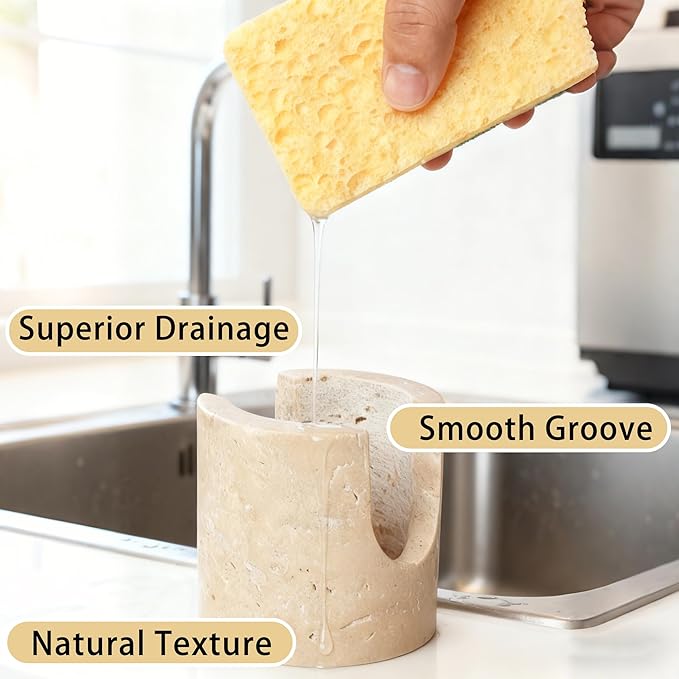 Travertine Natural Marble Sponge Holder, Sponge Caddy for Sink Organizer, Kitchen, Bathroom, Fast Absorbing, Durable, Elegant and Stylish