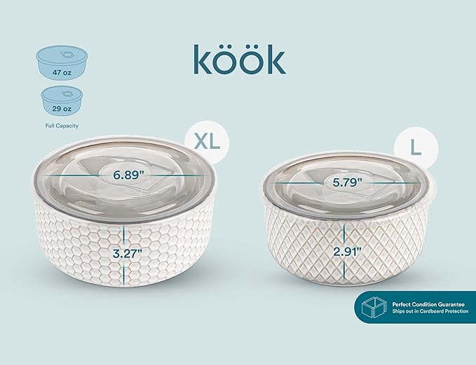 KooK Serving Bowls, with Lids, Ceramic Mixing Bowls, Nesting, Set of 4, Embossed, Kitchen, Prep, Stackable, Mix, Gift, Microwave and Dishwasher Safe, 10/16/29/47 oz, Narbonne Collection (Ivory)