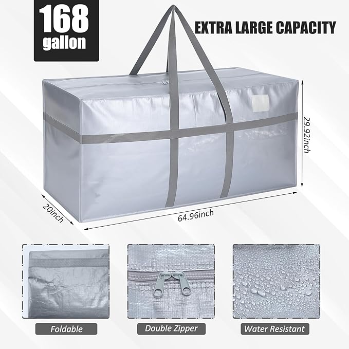 Windyun 4 Pack 168 Gallon Extra Large Moving Bags XXL Heavy Duty Storage Bag with Strong Zipper Handle Jumbo Big Tote Box Foldable for College Dorm Travel Clothes Duffle Blanket Pillow(Silver)
