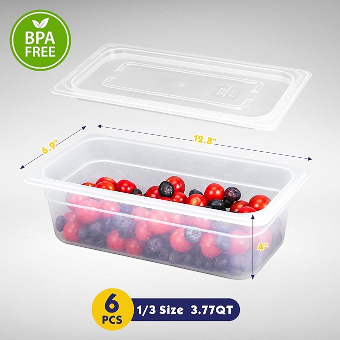 BIEAMA 6 Pack 1/3 Size 4'' Deep Food Pans with Lids, Translucent Polypropylene, BPA-free, Commercial Stackable Freezer-safe Storage for Restaurants, Buffets