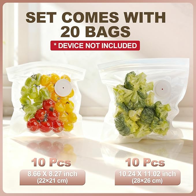Reusable Vacuum Sealer Bags for Food: 20Pcs BPA-Free Vacuum Seal Bags with Air Valve & 5 Seal Clips, Plastic Clear Sous Vide Cooking Bag, Microwaveable Freezer Safe Vacuum Food Storage for Kitchen