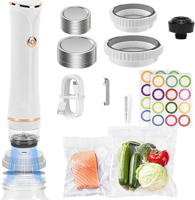 3-IN-1 Compact Vacuum Sealer for Food with Reusable Bags & Mason Jar Kit, Ultra-long 100-minutes Vacuuming Time, 6X Freshness Keep for Home Kitchen RV Travel Seal Meal
