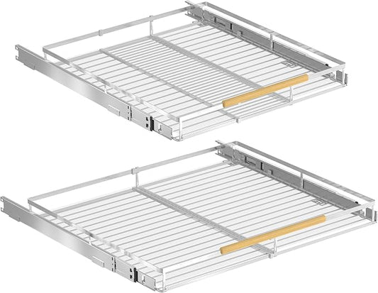 Pull Out Cabinet Organizers,Expandable Slide Out Wire Storage Drawers,Adjustable Width W:14.9”-25.9” x D:22.5”,2 packs of Stainless Steel Gliding Cupboard Wire Shelves for Pot and Pans,Chrome Plated