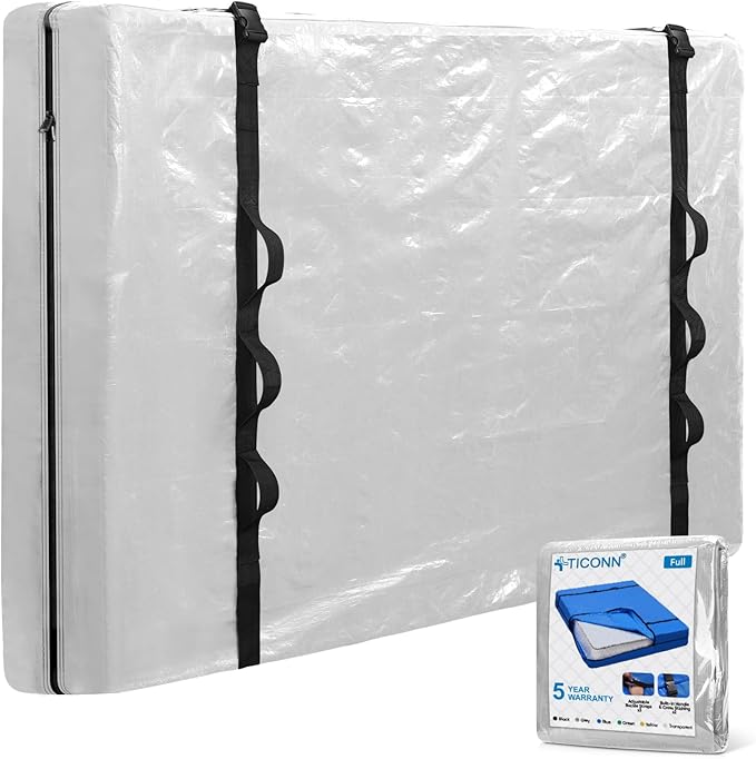 TICONN Mattress Bags for Moving, Heavy Duty Full Mattress Cover Storage Bag with Full-Around Handle and Adjustable Buckles (Clear, Full)
