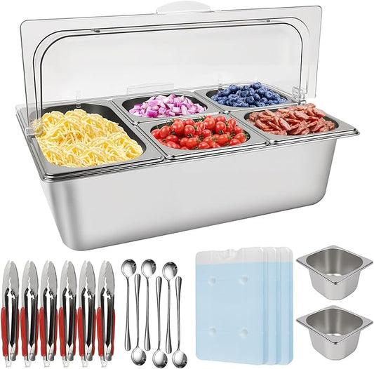 Lanstics Pizza Topping Station 7 Pans Stainless Steel Spice Organizer Salad Bar Buffet Station with Spoons Ice Boxes Buffet Containers Set for Sauce Jam Ingredient Kitchen Restaurant Pantry