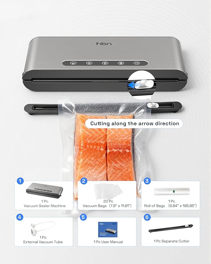 HBN Vacuum Sealer Machine Commercial Automatic Food Vacuum Sealer Built-in Cutter & Bag Storage Countertop Vacuum Sealer with Automatic Hands-Free Lid SUS Stainless Steel 1 Bag Roll & 20 Bags