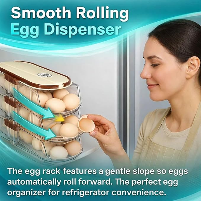3-Tier Egg Dispenser for Refrigerator, Rolling Egg Organizer with Time Tracker, Stackable BPA-Free Egg Container Holds 42 Eggs, Fresh Egg Holder for Countertop Storage