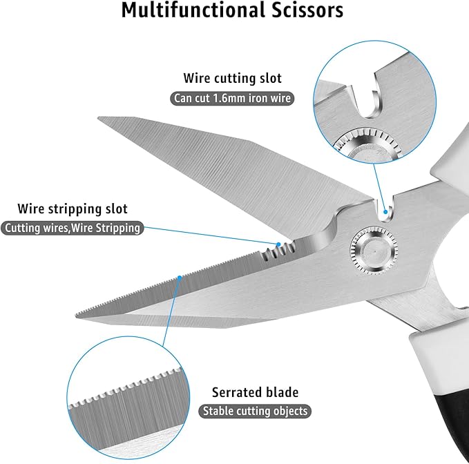 BoFuYuan 8-Inch Utility Scissors All Purpose Heavy Duty, Serrated Blade, White Comfort Grip for Cutting Carpet, Cardboard, Leather, Fabric, Multipurpose Sharp Shears for Kitchen, Garden, Office, Carft