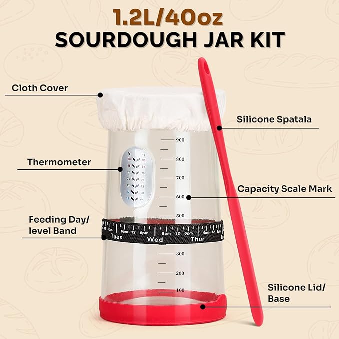 ONULISS Sourdough Starter Kit with 40oz Starter Jar, Banneton Bread Proofing Basket Set of 3 (9" Round,10" Oval,5" Mini), Cotton Rope Bread Making Tools for Sourdough Baking, Complete Gift for Bakers