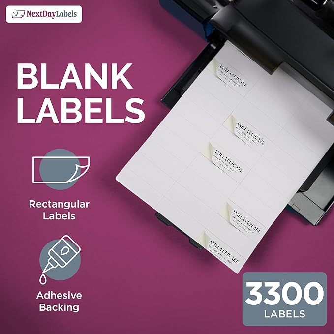 NextDayLabels 2.83x1 Inch Rectangle Stickers White Blank Labels for Laser Inkjet Printer - 33 Per Sheet Self-Adhesive Address Mailing Barcode Made in USA - 3300 Labels