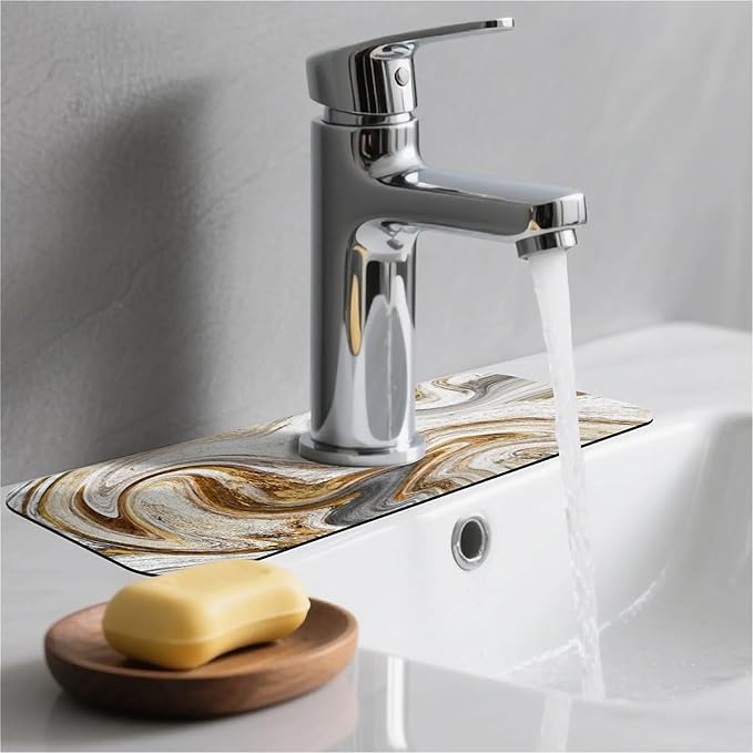 Kitchen Sink Splash Guard，White grey gold marble Faucet Mat Sink Gadgets-Super Absorbent Fast Drying Mat Drip Catcher for Kitchen, Bathroom,Sink Mat, Dish Drying Mat, Bathroom(15" X 5.5" )